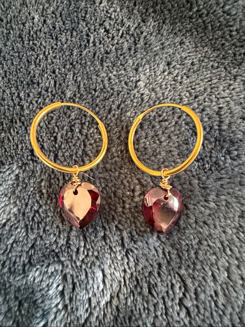 Gold Hoop Earrings with Deep Red Heart Swarovski Crystal Dangles